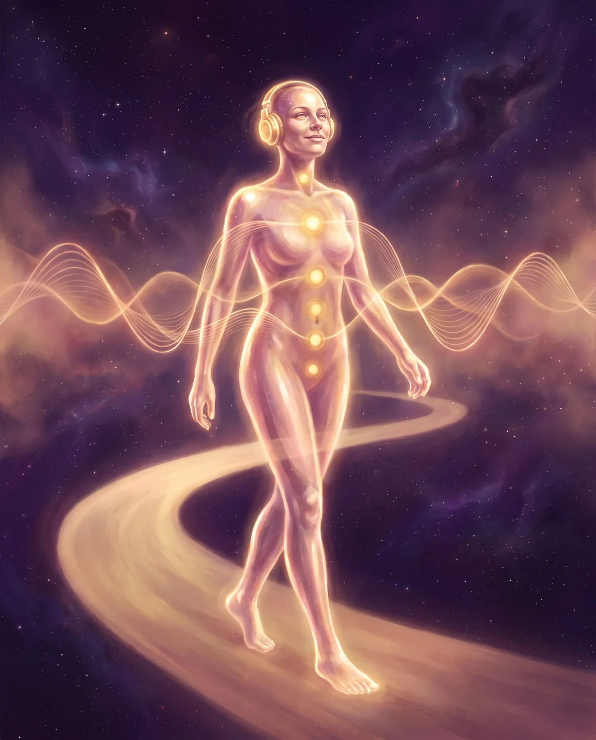 A figure of light walking a glowing path in headphones, smiling, as golden sound waves light up the centres in their body