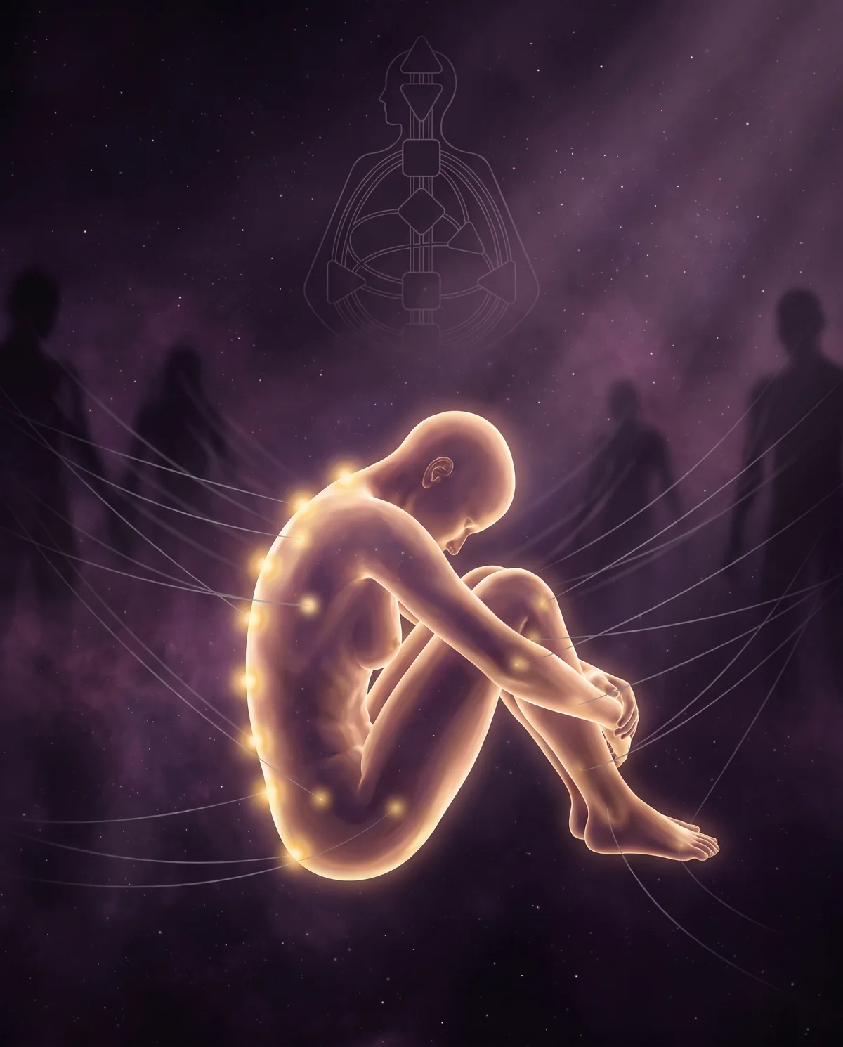 A figure of light sitting hunched, pulled at by threads from shadowy people all around, while the outline of its own bodygraph hangs unlit above