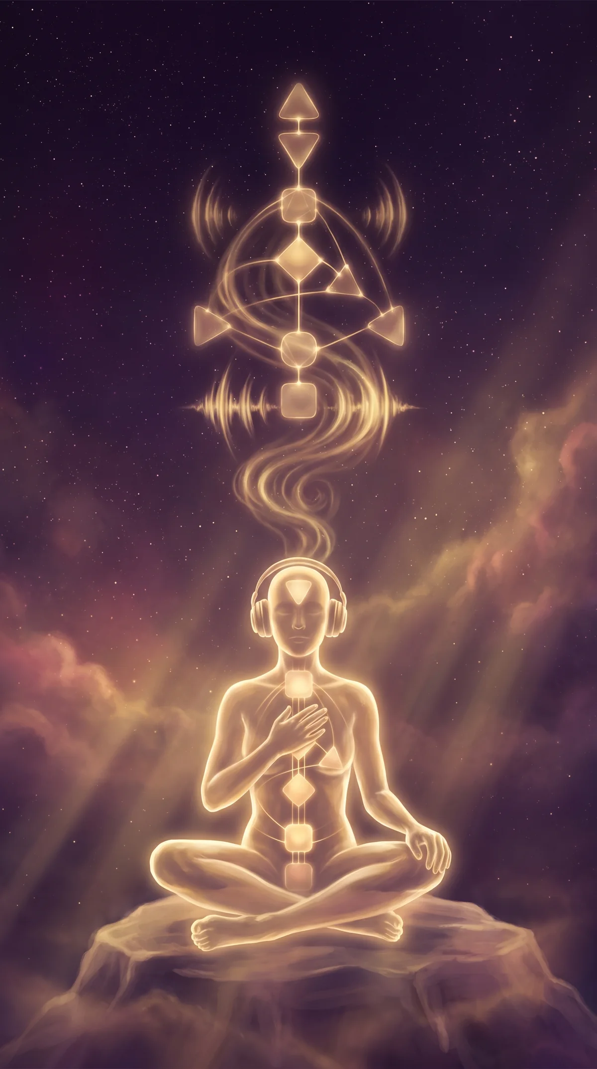 A figure of light meditating in headphones, hand on heart, as golden sound rises into a glowing bodygraph above